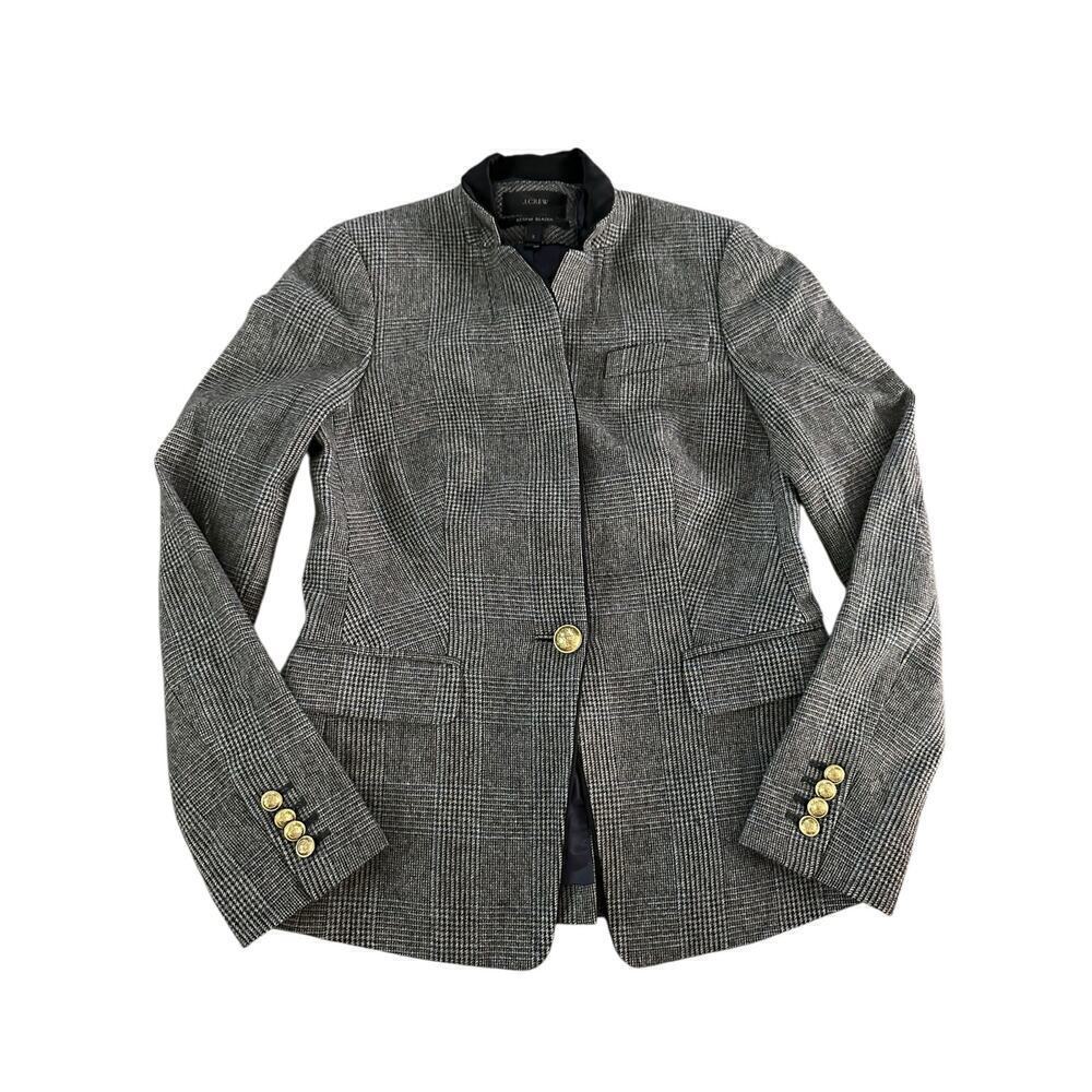 J.Crew Women's Regent Gray Plaid Gold Shield Button Surgeon Cuff Blazer Size 2
